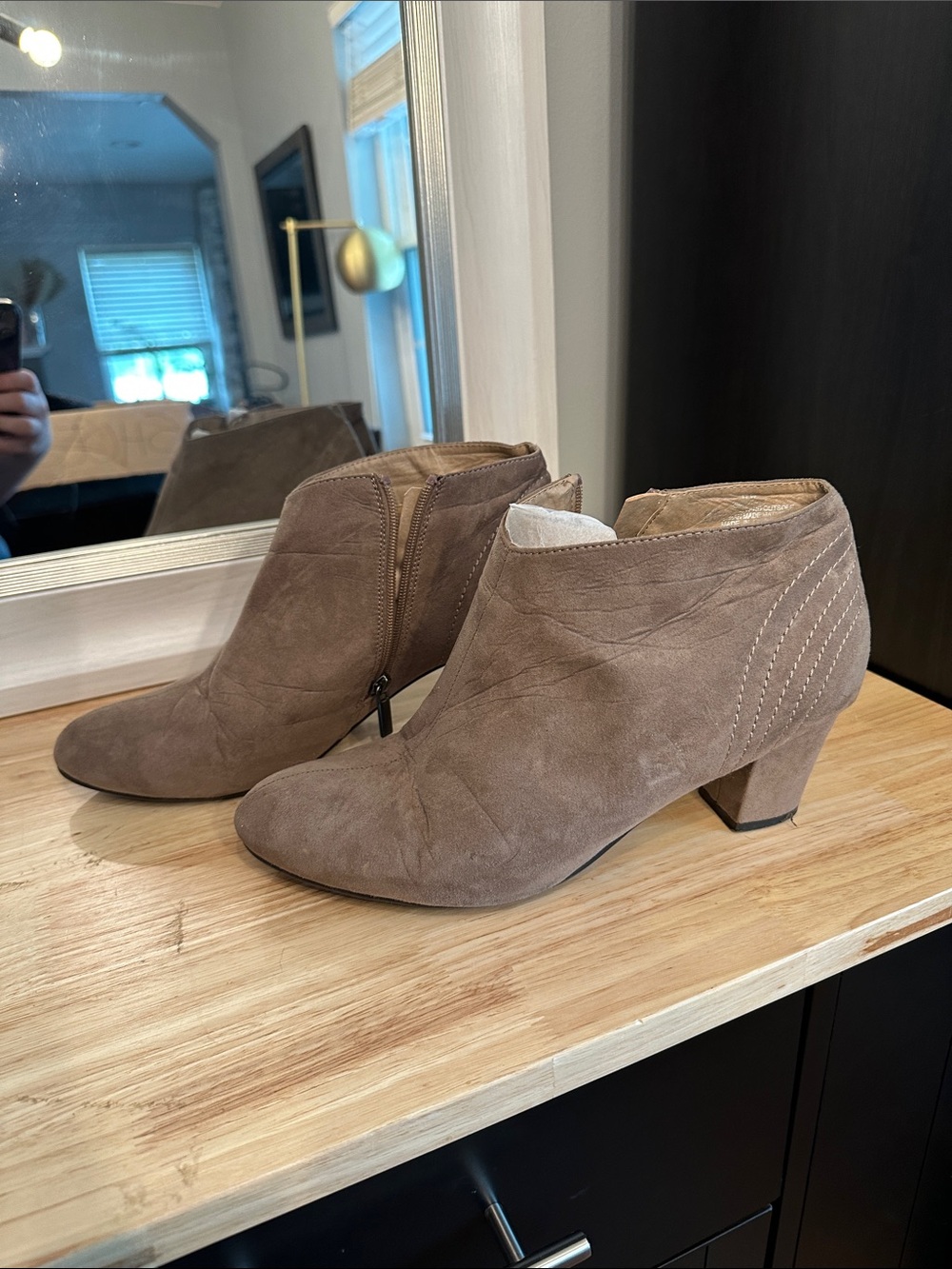 Avenue Taupe Suede Ankle Booties - Low Block Heel size 11W